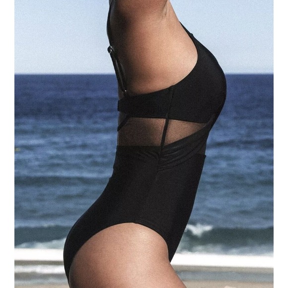 Black Mesh Wrap Front Cutout One Piece Swimsuit size Large - Picture 2 of 15